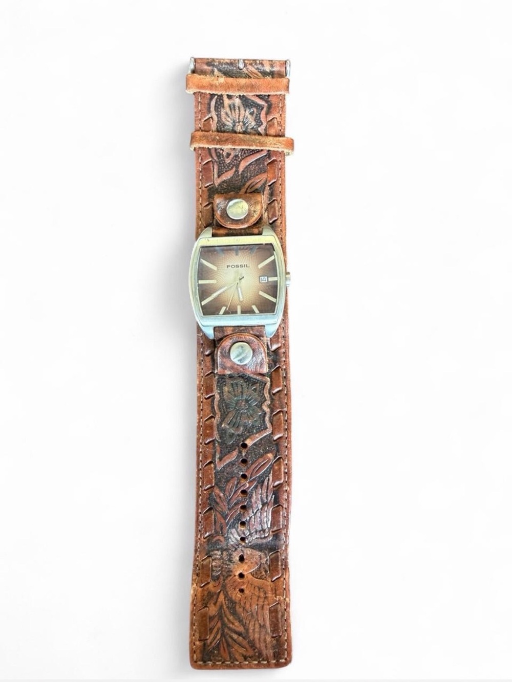 Vintage Fossil Brown Leather Cuff Watch Wide Tooled Genuine Leather Date Men's Q